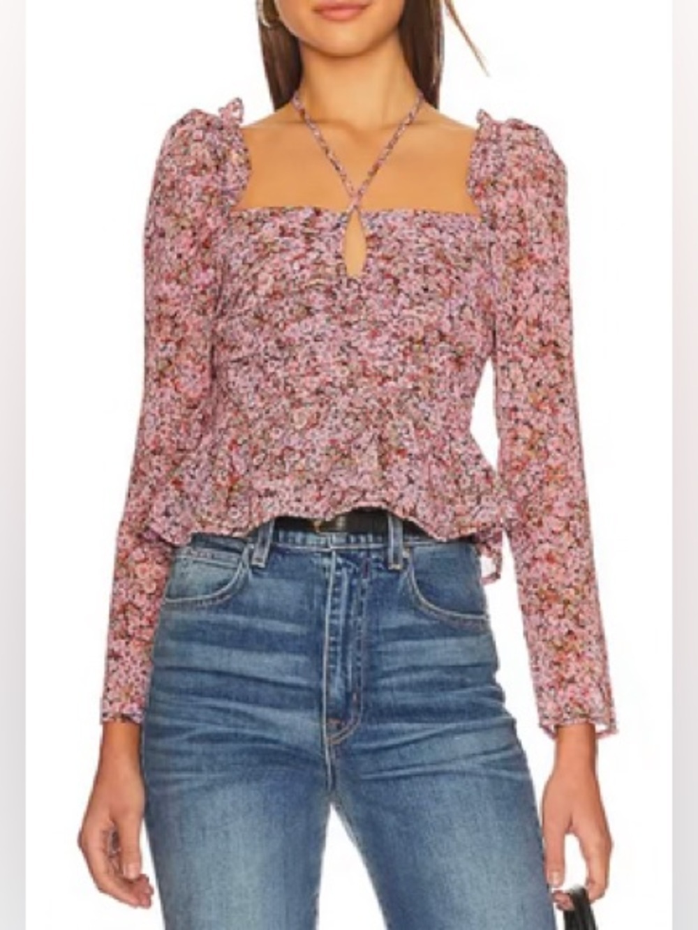 Astr - Pink And Black Floral Ruched Long Sleeve Tie Neck Blouse Size Large